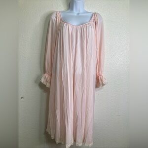 Vintage Lucie Ann Pink Nylon Tulip Lace Midi Bell Sleeve Lingerie Nightgown Sz S